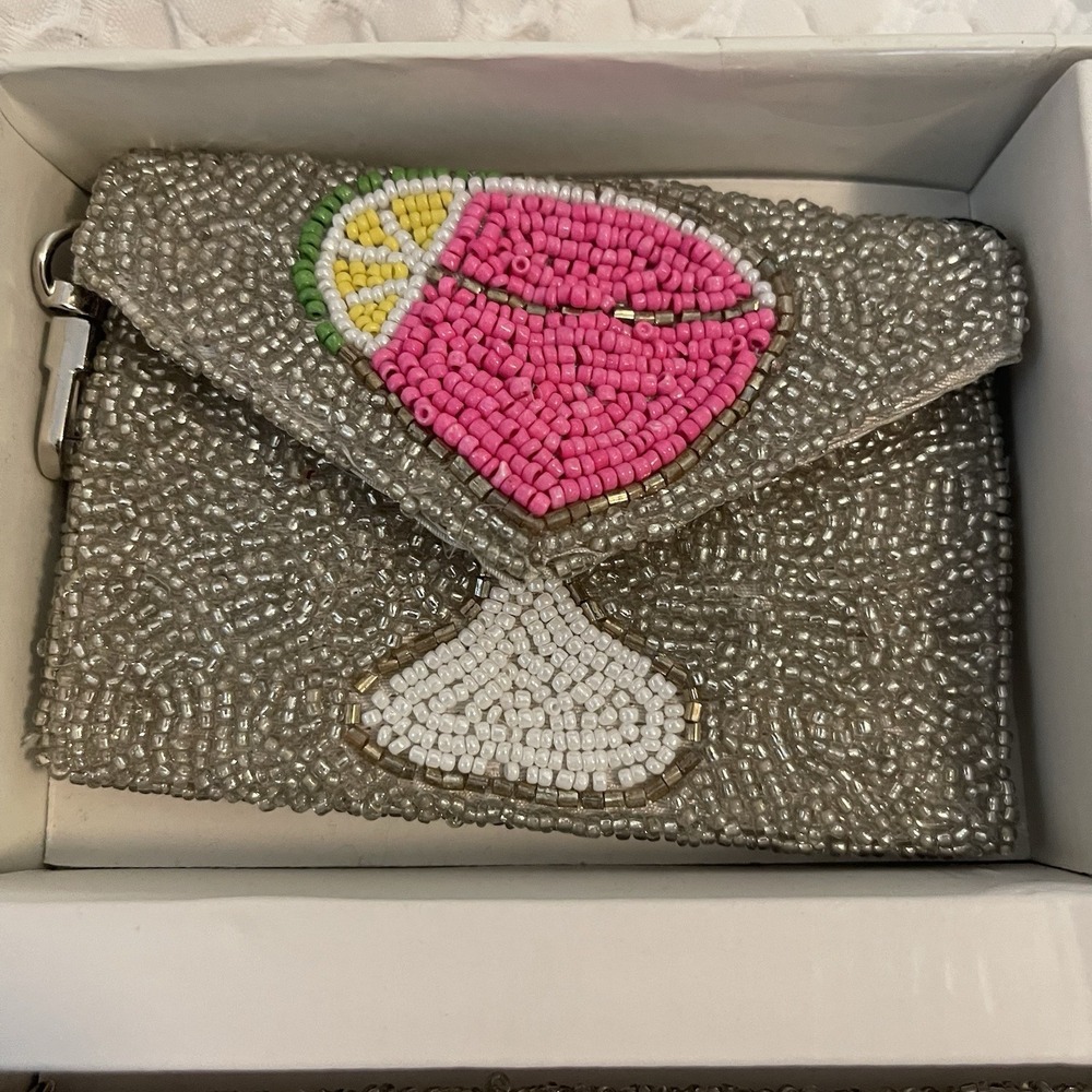 Rachel Zoe Clutch Purse W/Strap 3 PC Set Card Case & Charm Silver Martini Beaded - Picture 2 of 9